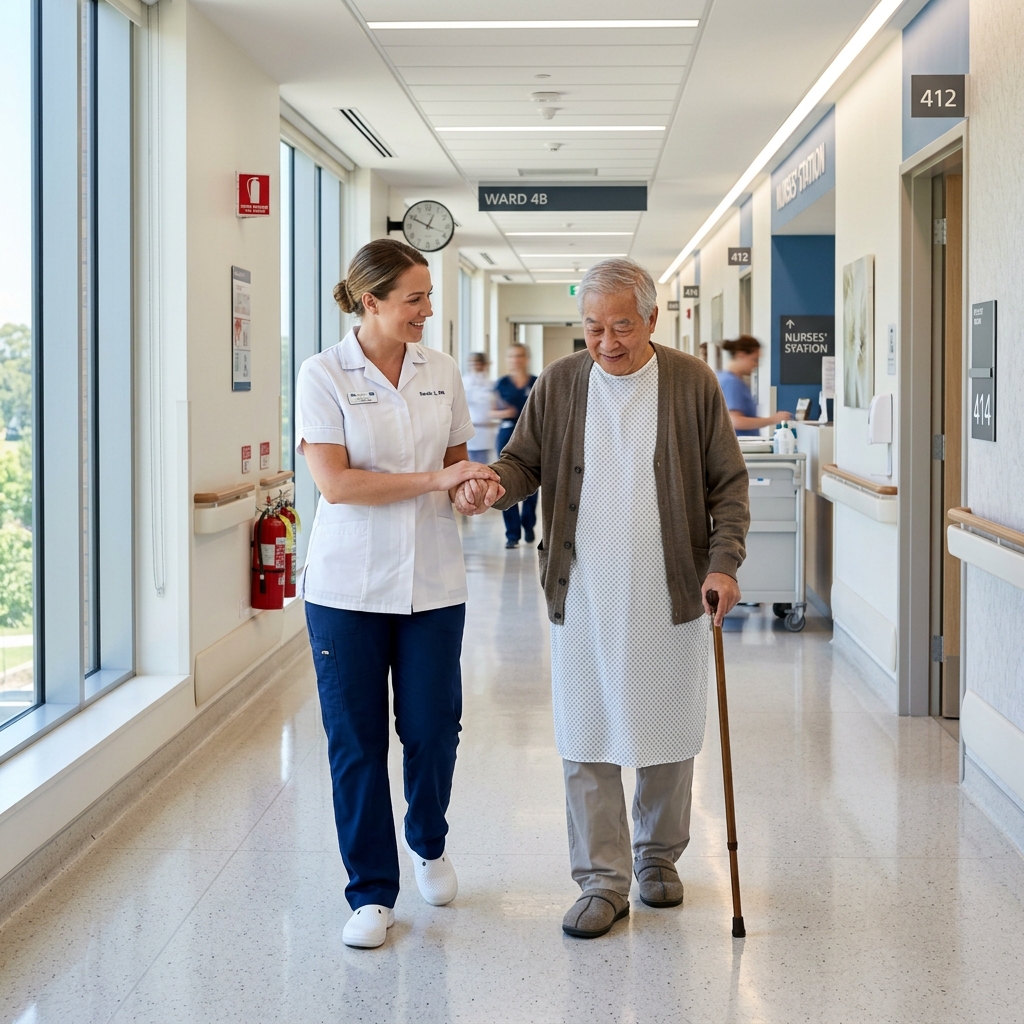 Nurse supporting patient in hospital corridor